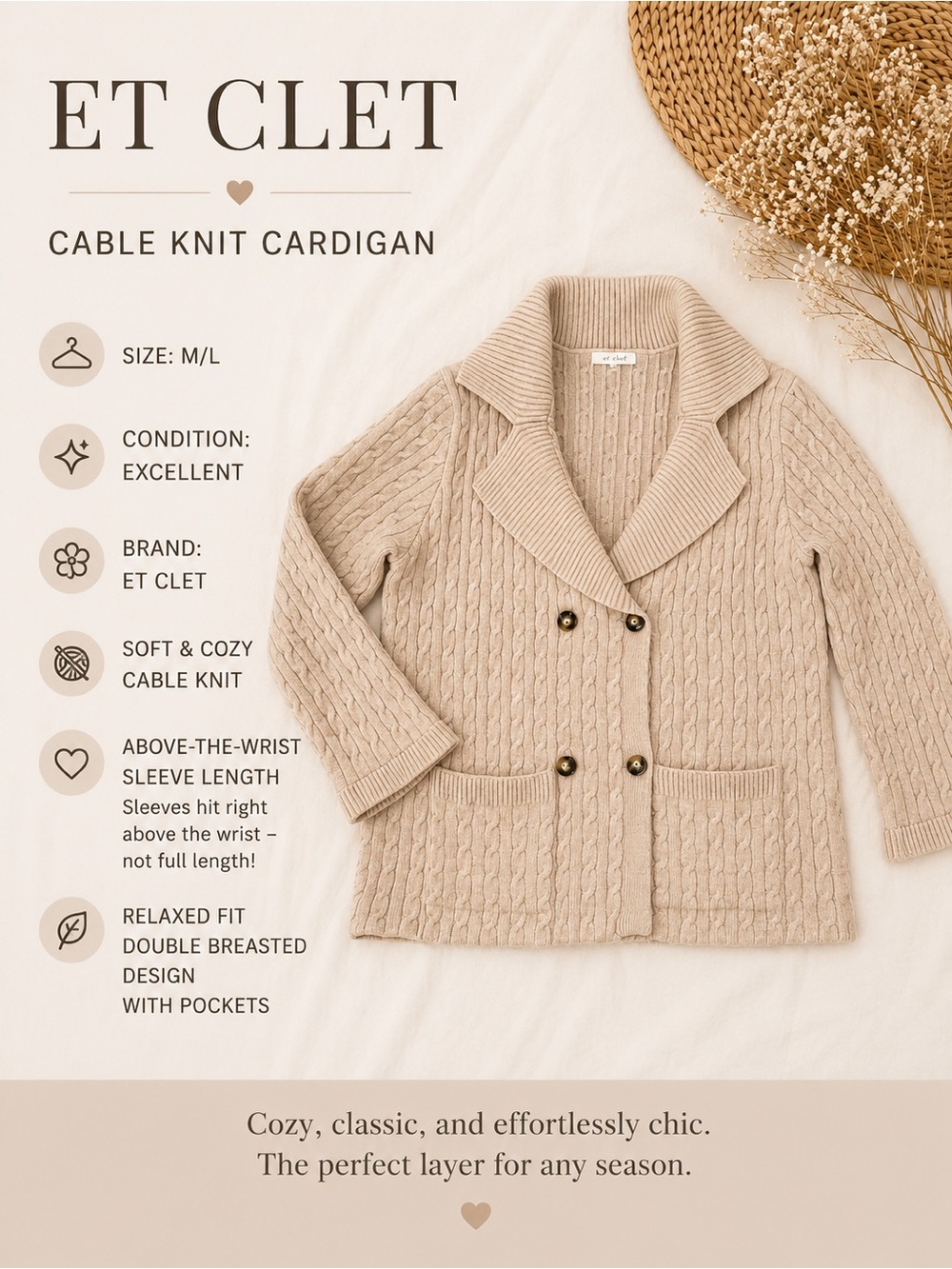ET CLET Women's Cable Knit Double-Breasted Cardigan - Cream